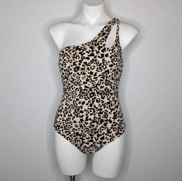 Ibiza black tan cheetah leopard print one shoulder one piece swimsuit L - Picture 1 of 11